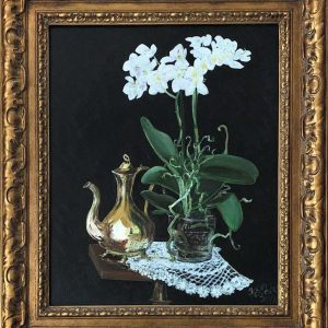 STILL LIFE, ORCHID, BRASS AND LACE
